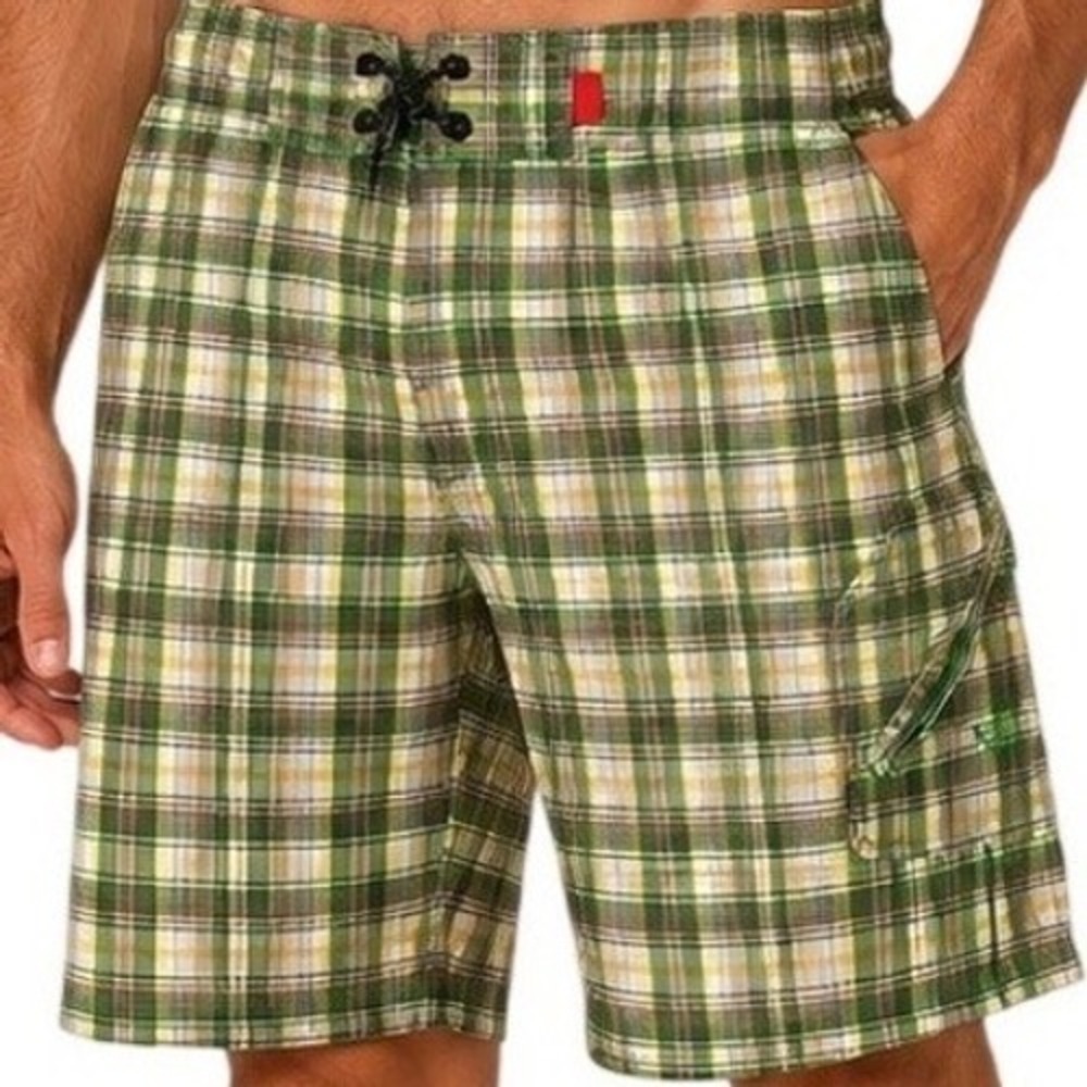 The North Face Mens Green Plaid Board Shorts Size‎ 40 Cargo Pocket Swim Trunks
